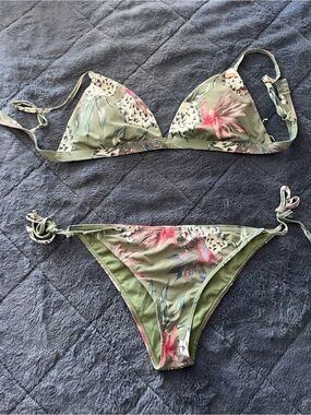 Roxy Olive Green Swim Bottoms with Navy & Coral Accents